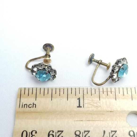 Vintage Sterling Silver Blue Rhinestone Cluster Clip On Earrings, Gold Wash - Picture 6 of 8
